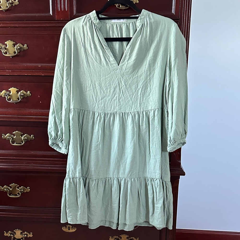 Mango Green V-Neck Tiered Dress
